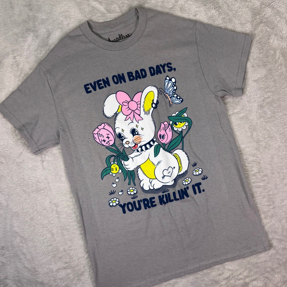 Threadless Women's‎ Graphic T-Shirt Size Small Gray Bunny Even On Bad Days Tee